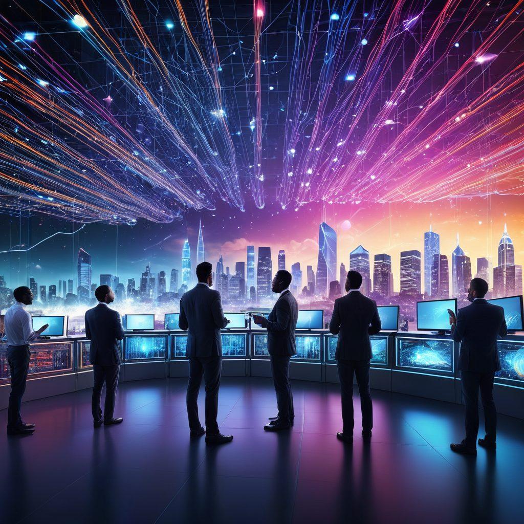 A futuristic digital landscape showcasing a powerful server room with glowing servers and cables interconnected, symbolizing robust online hosting. In the foreground, a diverse group of entrepreneurs celebrating their success with laptops and charts, indicating growth. Bright light beams emanate from the servers, representing potential and innovation. The background features a vibrant skyline filled with digital elements. super-realistic. vibrant colors.