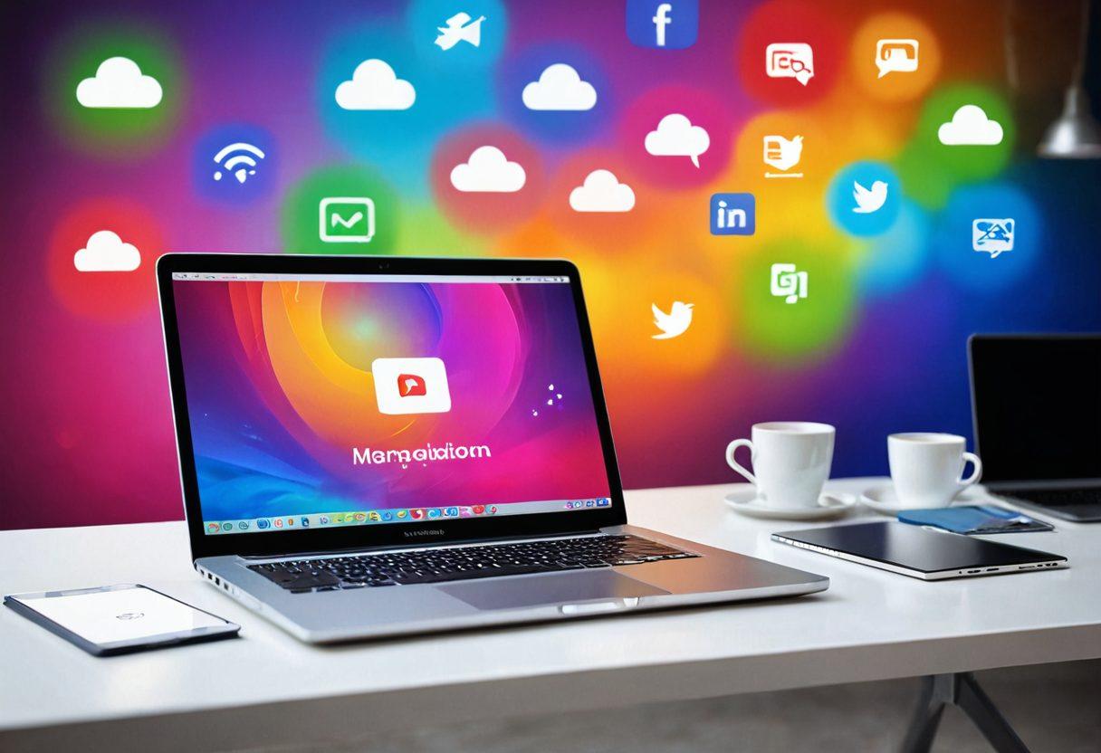 A modern, sleek laptop displaying a visually striking website with beautiful graphics, surrounded by elements symbolizing online presence like social media icons and cloud servers. Bright and engaging colors to inspire creativity and growth. Soft focus on the background showing a collaborative workspace enhancing the atmosphere. super-realistic. vibrant colors.